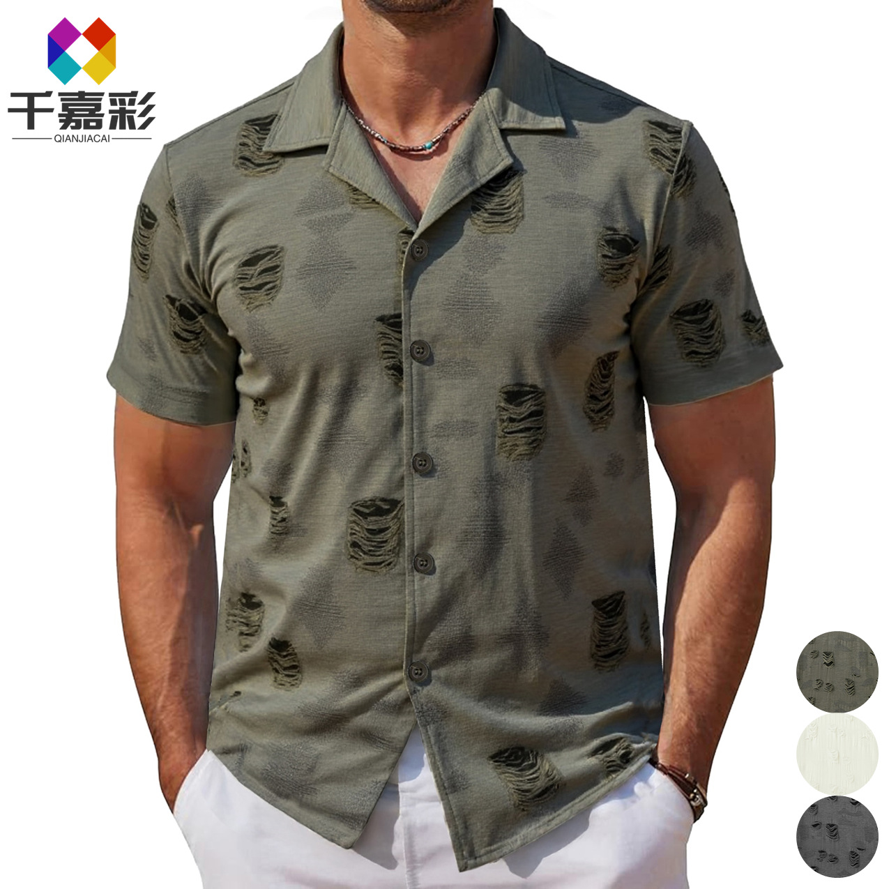 跨境男装 时尚短袖古巴领男士衬衫日系复古破洞上衣休闲衬衣A0314