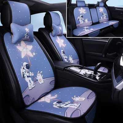 Car Seat Cushion Linen All-Season Universal Trendy Women's Cartoon Cute Summer Breathable Half-Cover Rear Seat Integrated Seat Cushion (Cool pad) - star-picking-astronaut-five-seat-triple-standard-edition