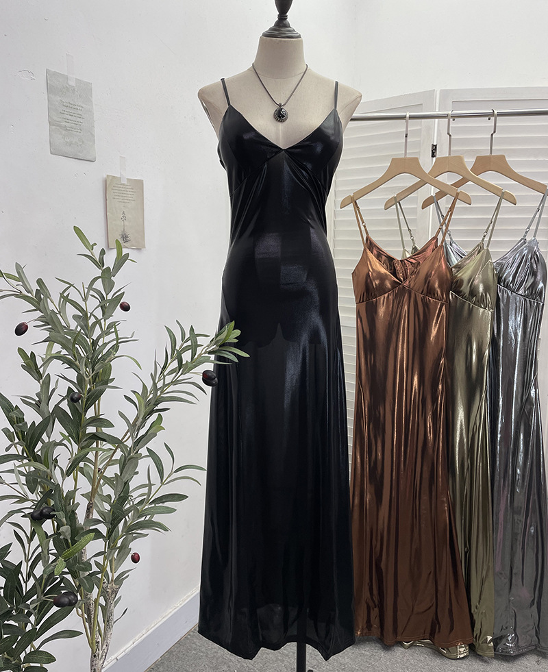 Sexy Liquid Metal Color Sling Dress with Chest Pad Dress