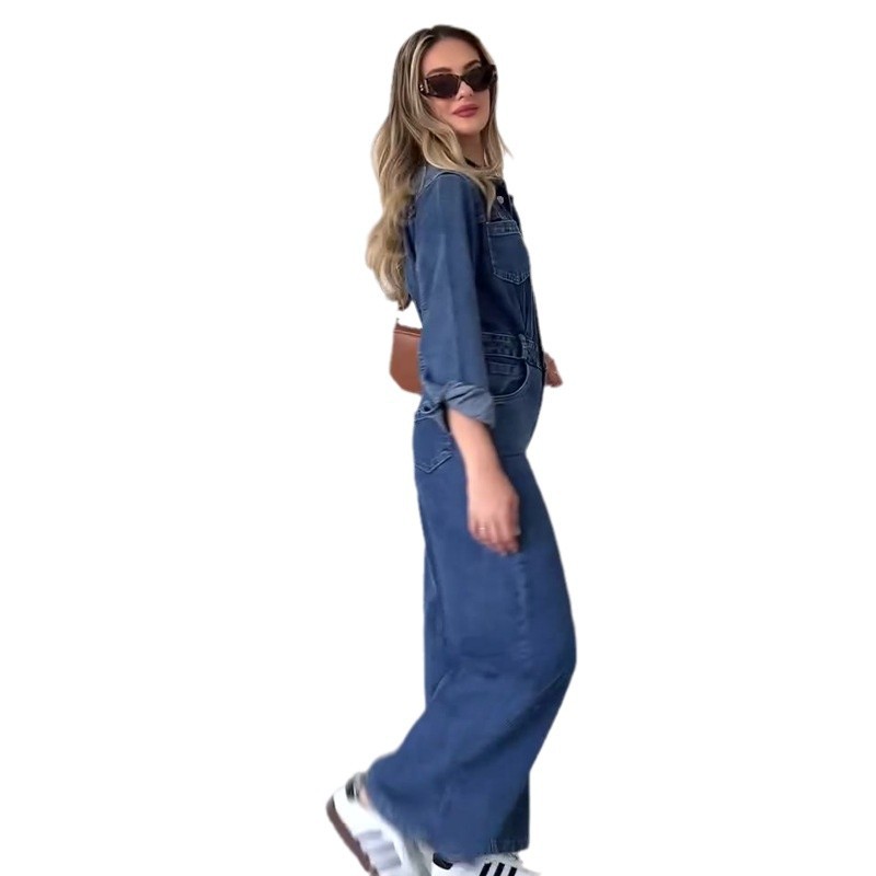 2024 otoño nuevo estilo europeo y americano Amazon transfronterizo ropa de mujer color sólido moda casual mezclilla cintura mono
