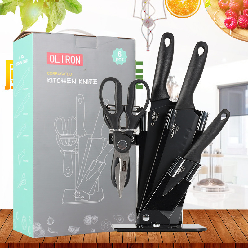 Venta directa hoja negra de seis piezas cuchillo conjunto traje hogar de acero inoxidable corte de verduras y corte de carne cuchillo de chef cuchillo de fruta cuchillo de regalo conjunto de cuchillos