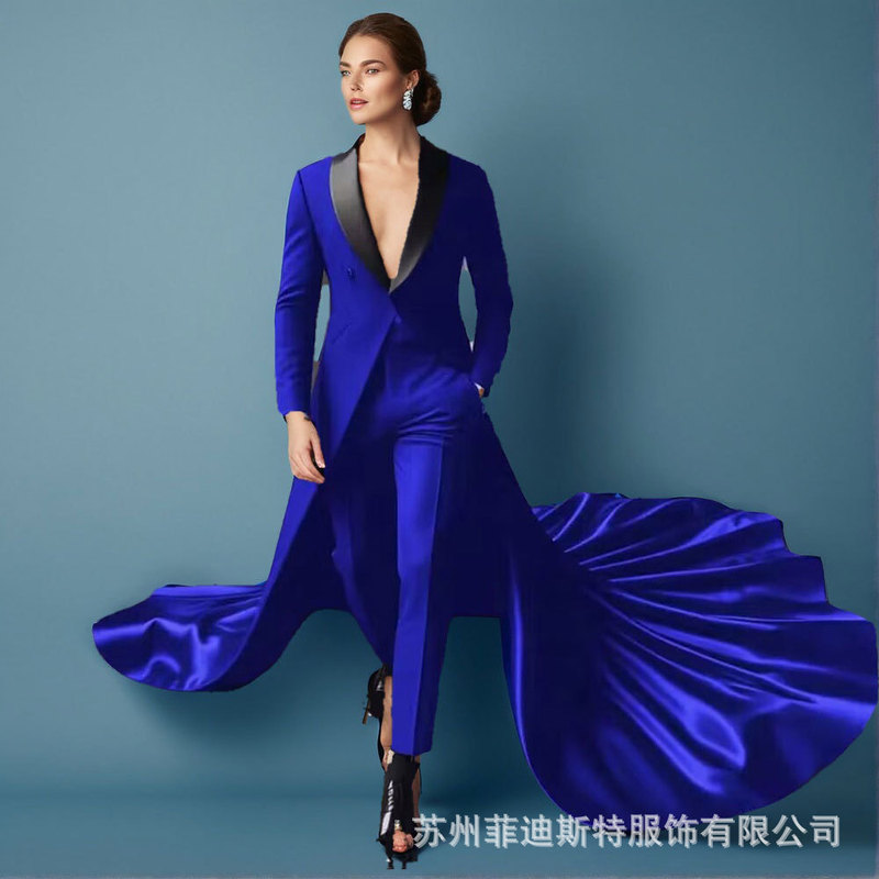 European and American foreign trade new women's long tail suit black lapel party dress 2-piece women's suit European and American foreign trade new women's long tail suit black lapel party dress 2-piece women's suit
