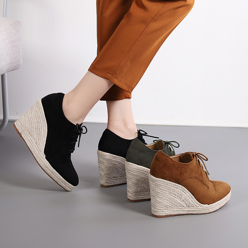 Cross-border autumn and winter New pointed wedge platform lace-up deep mouth shoes fashion single-layer shoes high heel chunky heel straw woven hemp rope bottom