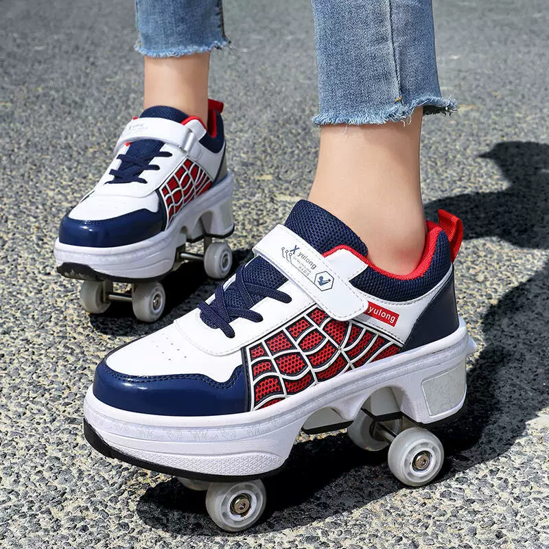 Transformable four‑wheel roller shoes, breathable mesh, unisex, sizes 33–43