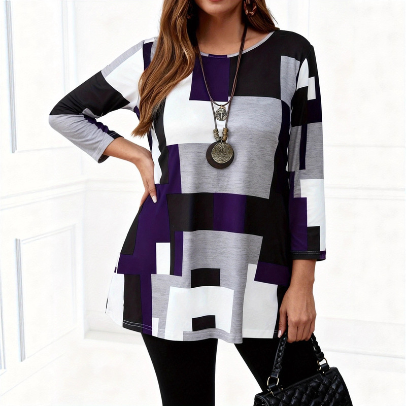 Plus-Size Women's Color-Blocked Geometric Long-Sleeve T-Shirt, New for Autumn and Winter 2025, Amazon Independent Site Hot-Selling Extra-Large Size Plus-Size Women's Color-Blocked Geometric Long-Sleeve T-Shirt, New for Autumn and Winter 2025, Amazon Independent Site Hot-Selling Extra-Large Size