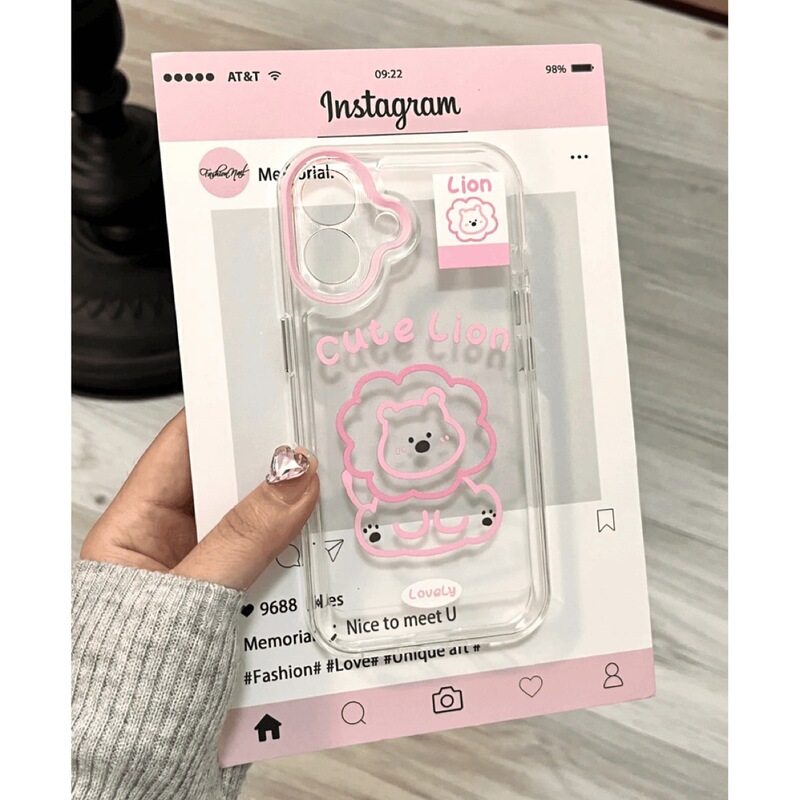 Pink Line Lion Apple 16/15/14/13promax Phone Case 12/11 Soft xr/xs Transparent 7P/MINI