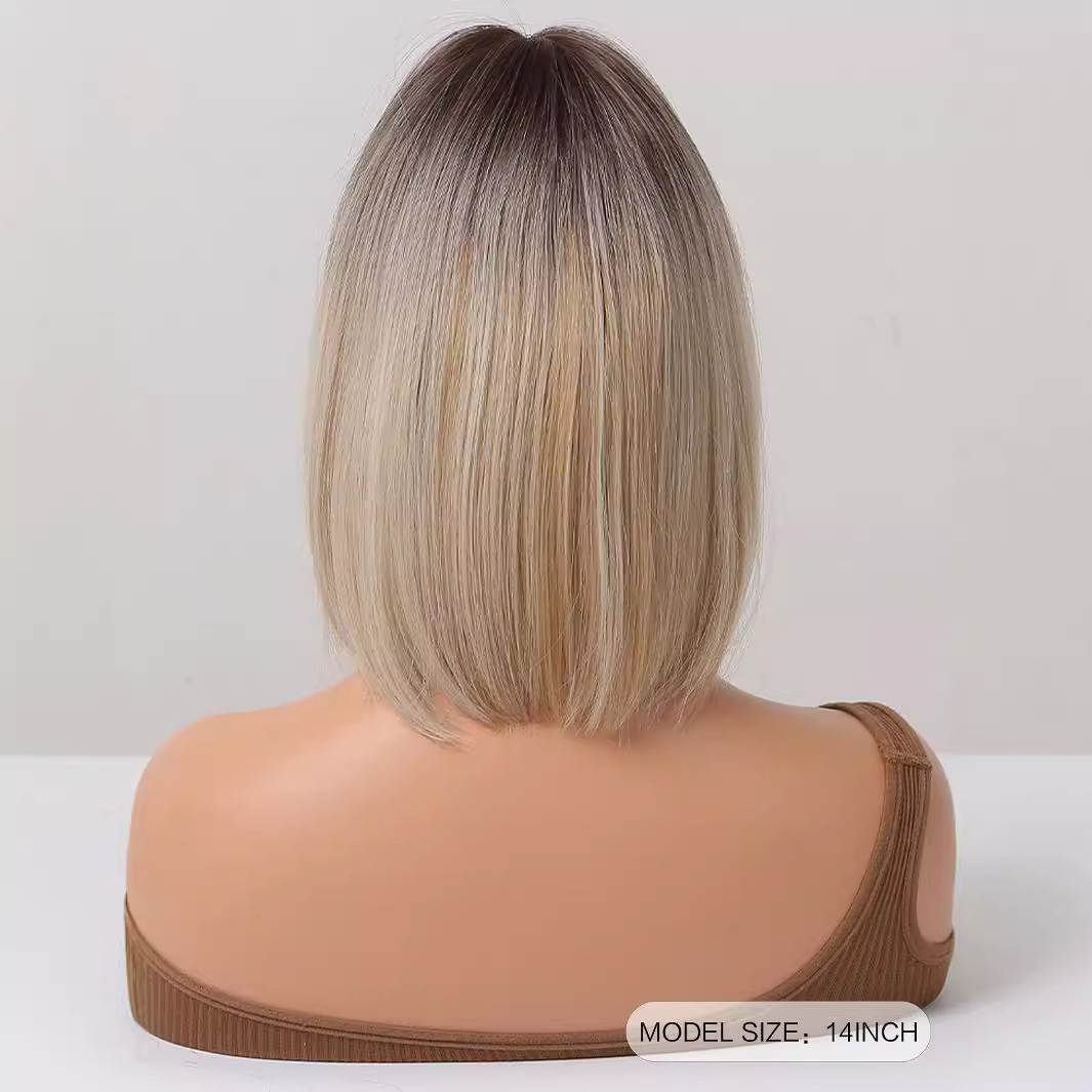 Pelucas europeas y americanas con degradado dorado, flequillo en forma de ocho, pelo corto y liso, mate, seda de alta temperatura, red de rosas, venta al por mayor image 5