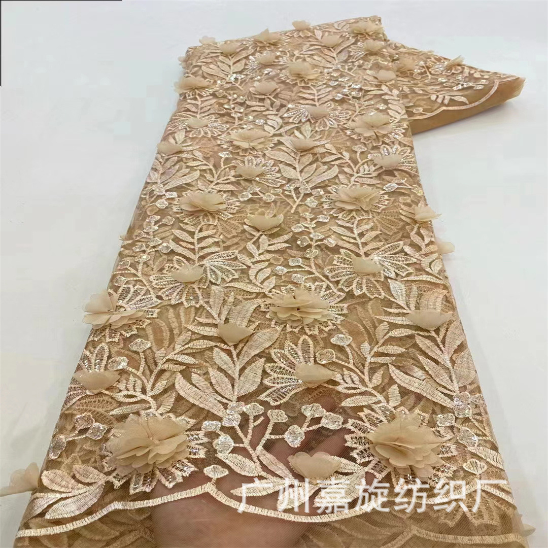 Transfronterizo estilo dulce flor tridimensional bordado tela de encaje moda vestido francés vestido de novia encaje JX3993
