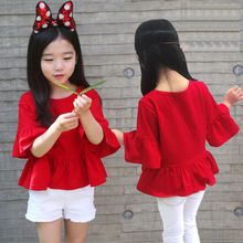 女童短袖T恤2024夏季新款中大童喇叭中袖娃娃衫宝宝红色韩版上衣