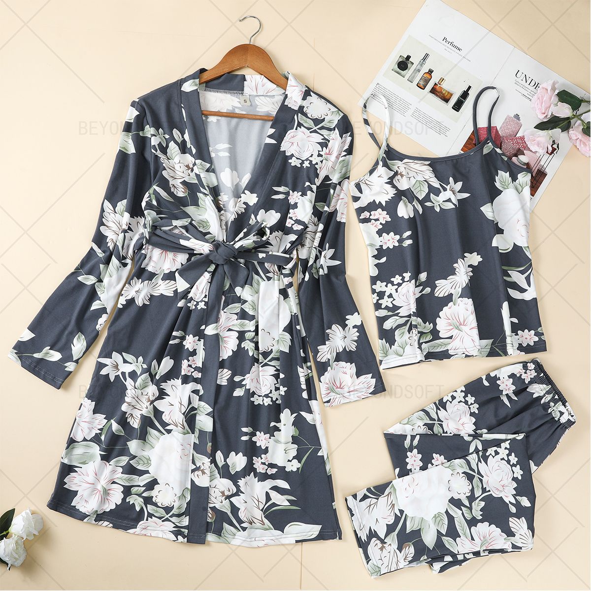 Conjunto de pijama de tres piezas para mujer, camisón de algodón puro, camisola y pantalones largos, estilo transfronterizo, novedad 2025, Amazon.