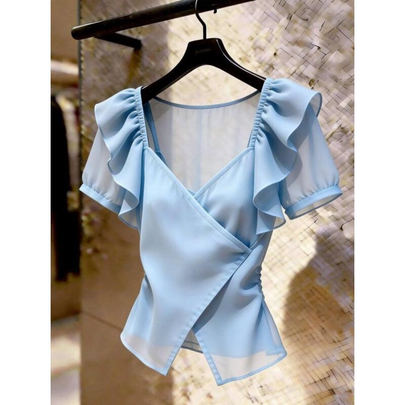Fashionable 2026 Summer New French Versatile Simple Elegant Commuting Style Ruffled Blue Cross-Strap Shirt Fashionable 2026 Summer New French Versatile Simple Elegant Commuting Style Ruffled Blue Cross-Strap Shirt