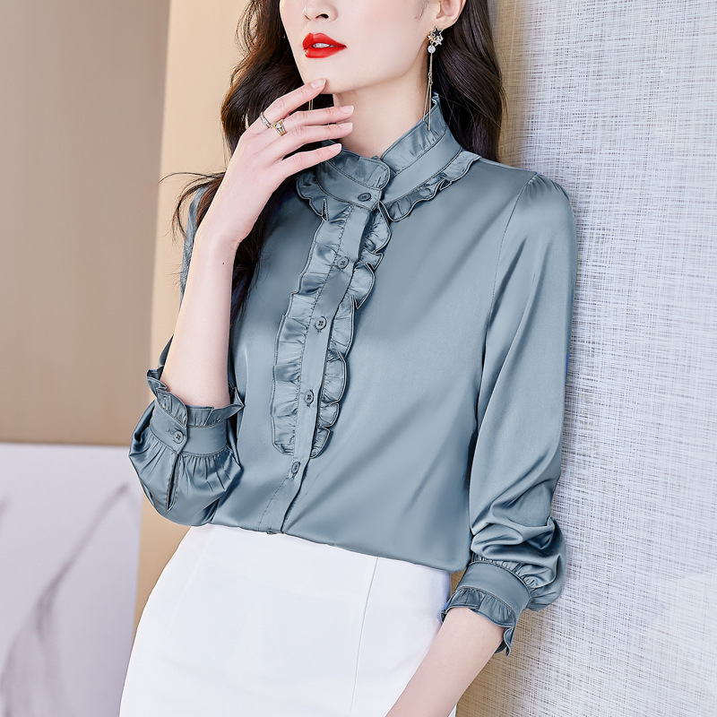 Green 1312 New Style Fungus Collar Mulberry Silk Ruffle Top Imitation Silk Stand Collar Shirt Women's Style Shirt