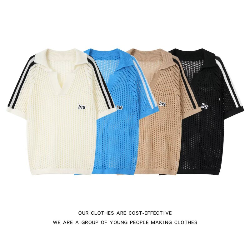 Women's Clover Short-Sleeve 2025 Summer Ice Silk Breathable Short Cropped V-Neck Polo Shirt JD5864