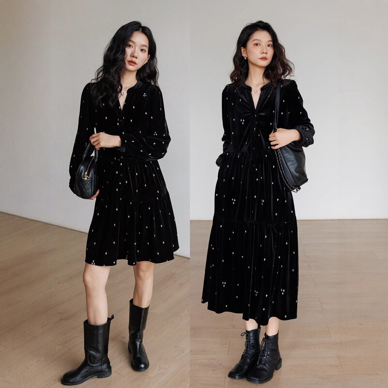 French Star Print Large Size Loose Slim Autumn and Winter Slim Velvet Dress Retro V Neck Long-Sleeved A-Line Skirt