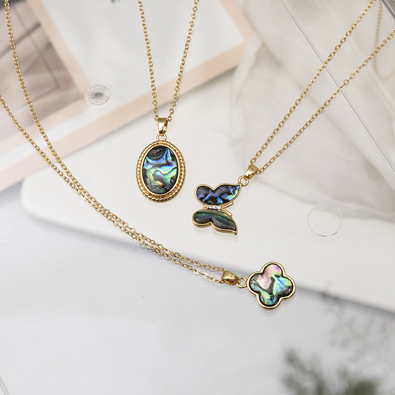 Fashion Cross Butterfly Titanium Steel Copper Inlaid Gemstone Natural Stone Pendant Necklace