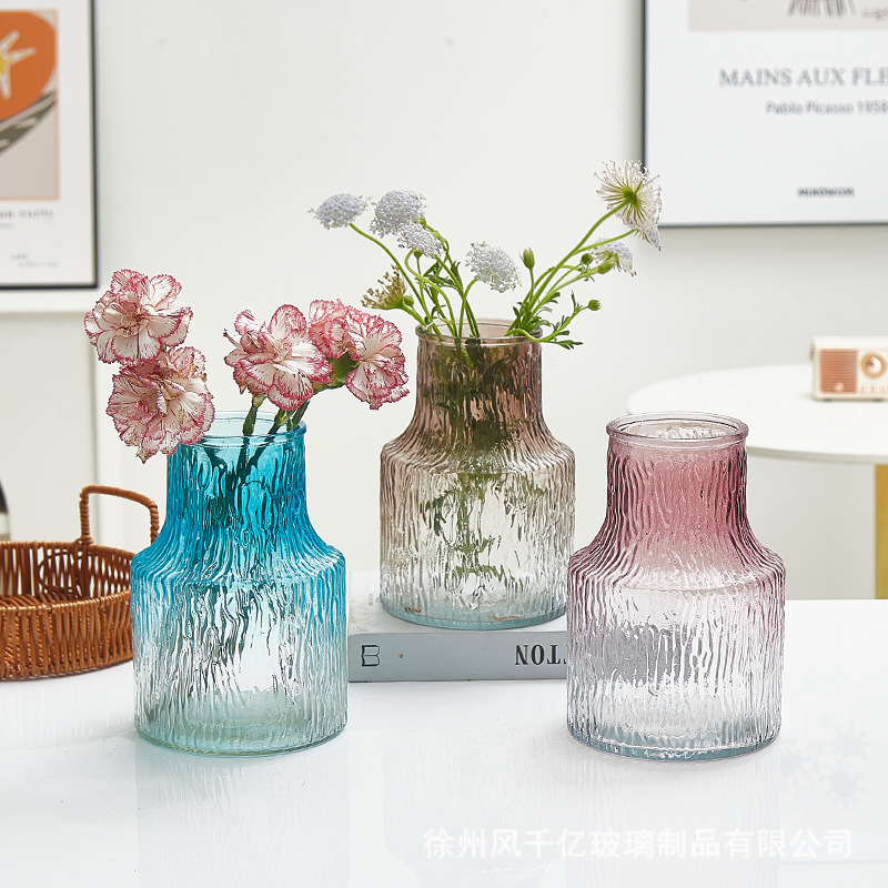 批发北欧现代冰川锤纹透明玻璃花瓶鲜花装饰彩色花器创意家居摆件