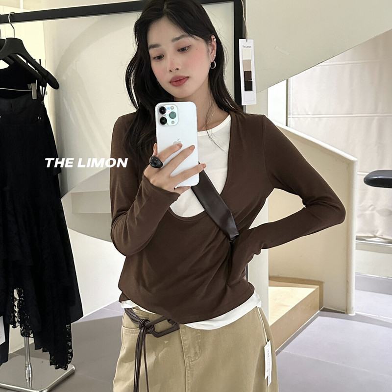柠檬绿茶2025秋季新款设计感U型领拼接假两件长袖T恤女洋气打底衫|undefined