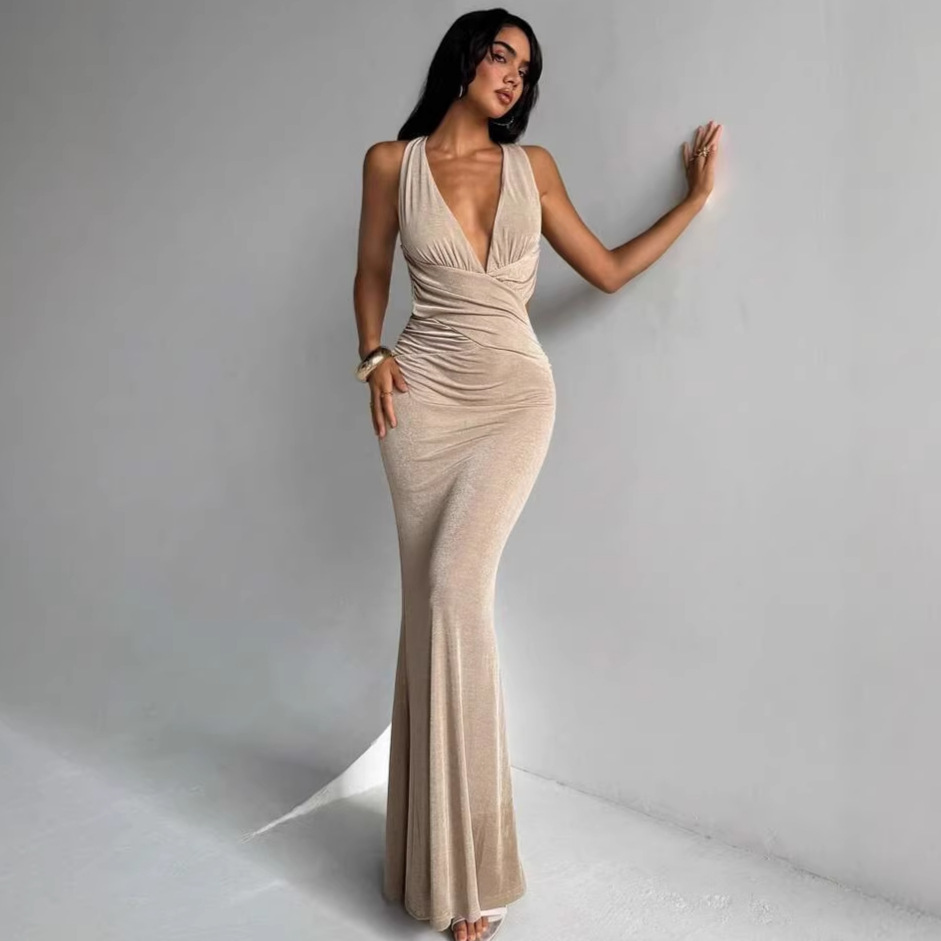Summer Sexy Backless Hollow Out Long Dress V Neck Slim Fit Glitter Women's Fashion Elegant Dress_ecoleips.com