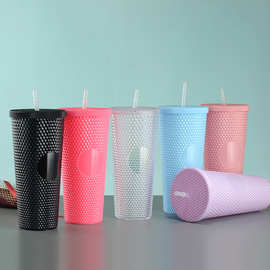 跨境榴莲杯三件套塑料杯爆款咖啡杯带吸管保健食品级塑料杯子巴克