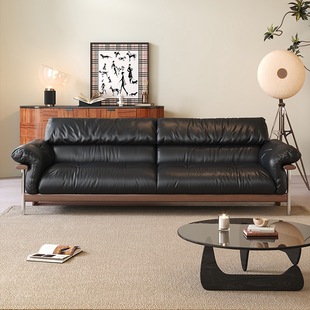 Walnut Sofa Mid-Century Style 2025 New Style Genuine Leather Straight Row Three-Seater Classy Solid Wood Living Room Full Green Leather Retro