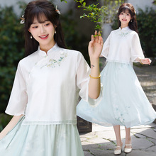 好质量中式国风复古改良旗袍印花上衣两件套仙气复古文艺少女套装