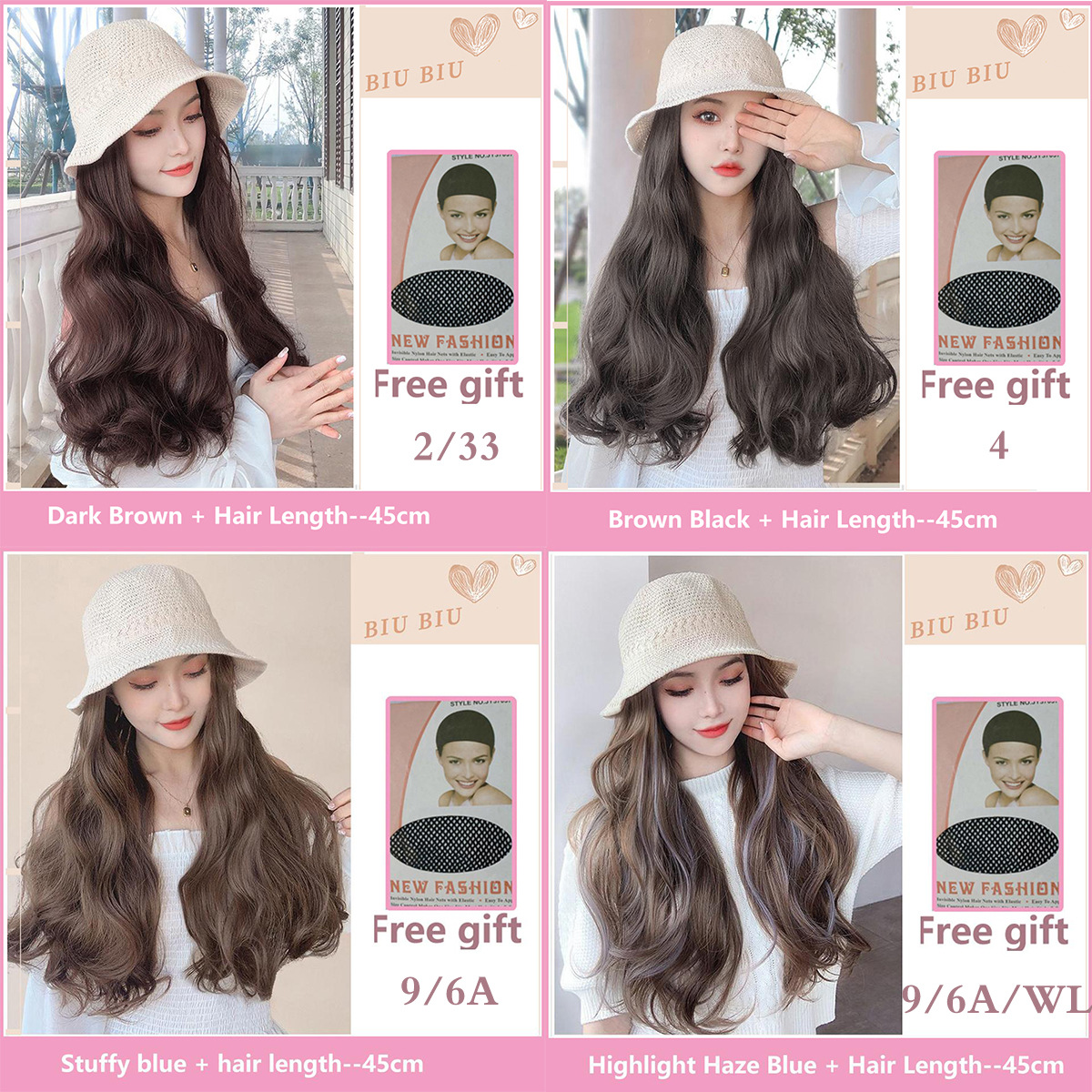 Perruque Cheveux longs bouclés Perruque chapeau de pêcheur Mèches cheveux haute température 50cm couvre la ligne des cheveux_voghion.com