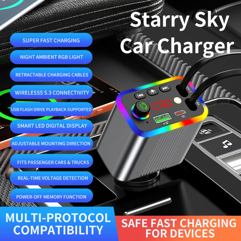 R4R6 Car Bluetooth MP3 Player comes with a retractable cable and supports fast charging for mobile phones, 2026 new model, foreign trade supply