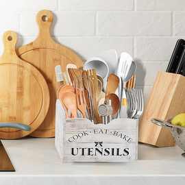 跨境木质餐具收纳盒厨房桌面分格筷子勺子收纳盒旋转式刀叉分类盒
