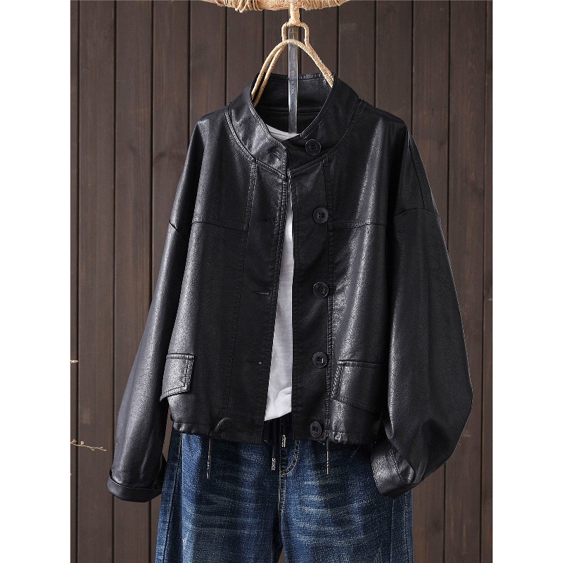 Fashionable Stand Collar Pu Leather Jacket for Women, Loose Plus Size, Slimming, Stylish Biker Cardigan Top