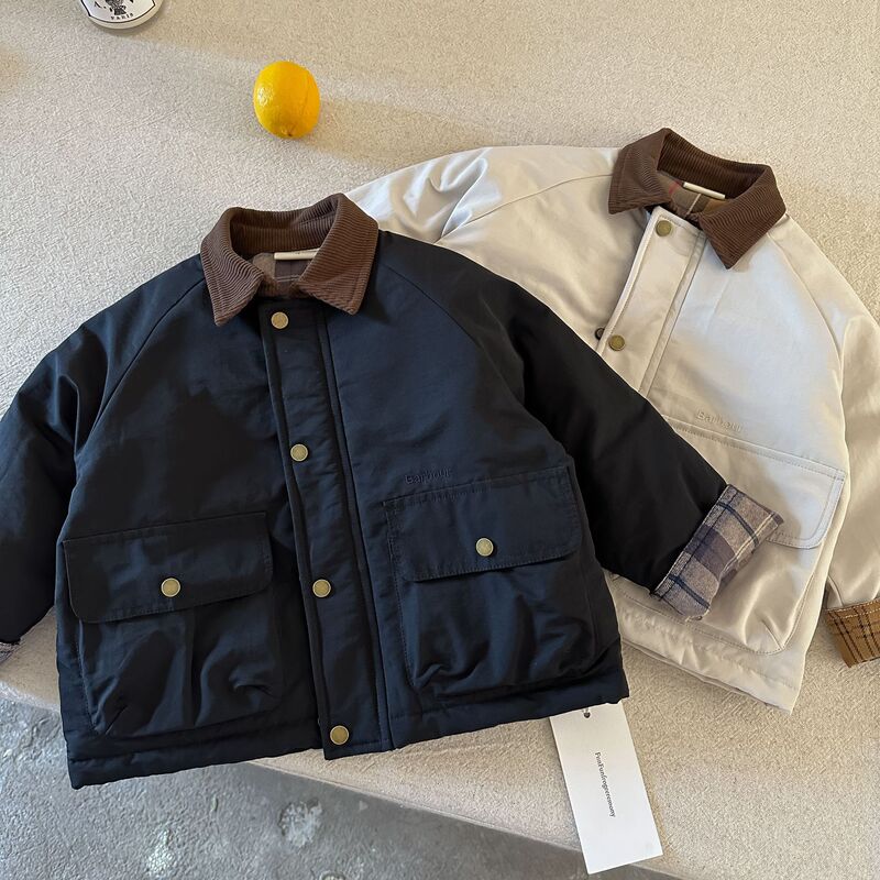 儿童秋冬外套2025男童风衣韩版撞色领衣服宝宝翻领夹克保暖棉服潮|undefined