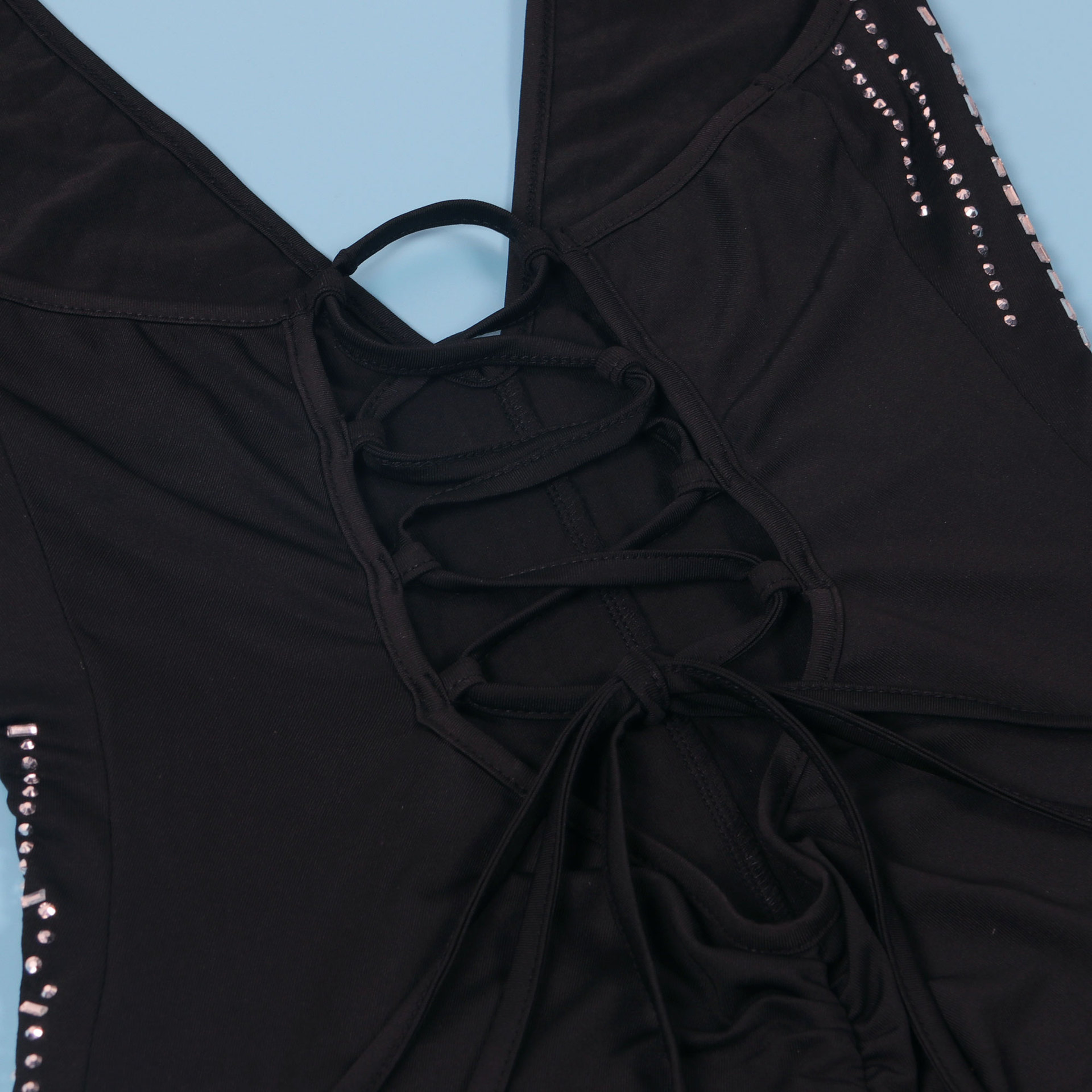 Women's Clothing hot diamond deep V backless strap halter neck jumpsuit shorts_voghion.com
