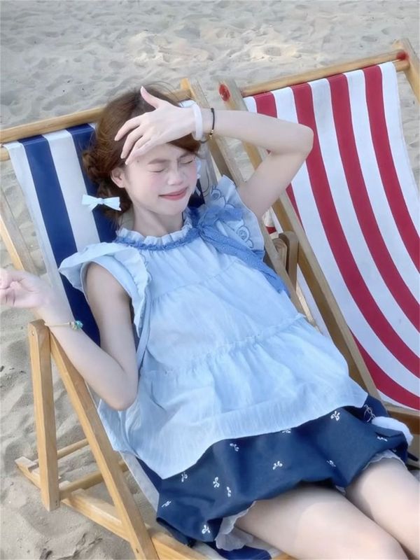 清凉一夏穿搭一整套蓝色显白小飞袖上衣+松紧高腰超仙短裙女学生|undefined