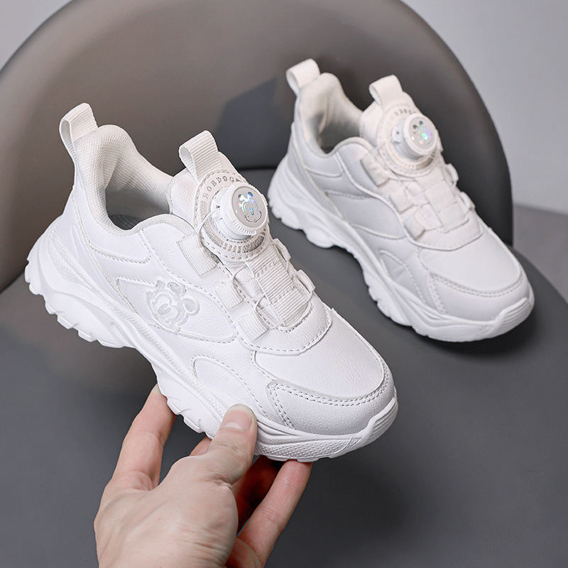 Baboubean zapatos deportivos blancos de cuero primavera y otoño zapatos para niños zapatos blancos de botón giratorio zapatos para correr