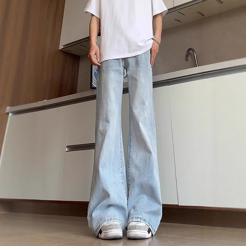 Ripped Jeans Men's Summer Thin Wide-Leg Straight American Vibe Pants Extended Version Tall Scimitar Bootcut Pants