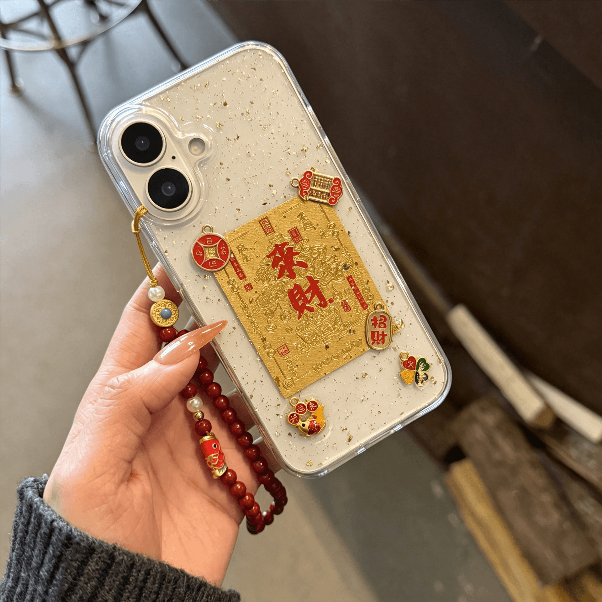 适用苹果18promax手机壳iphone17滴胶金箔来财招财16pro新款X创意