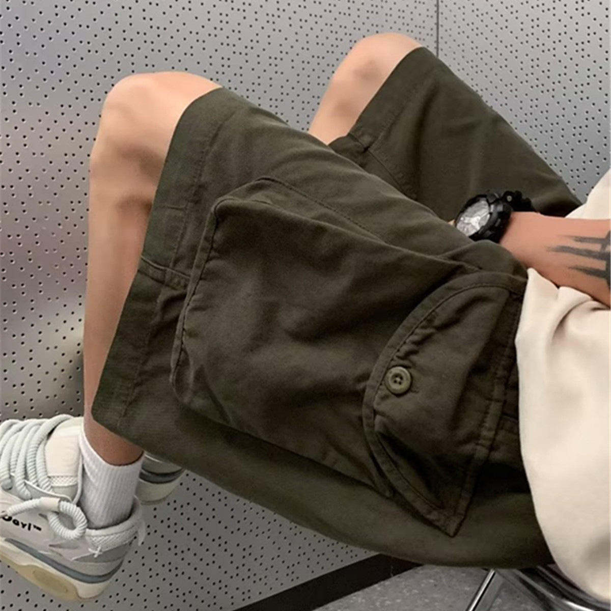 Multi-Pocket Cotton Tooling Shorts Boys Casual Retro Trendy Straight Mid-Pants Functional Wide-Leg Harlan Pants