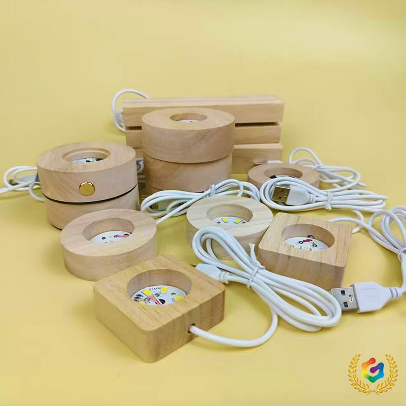 ⌘ Round Solid Wood Luminous Crystal Base Ornament Remote Control Voice-Controlled Led Night Light Wooden Base in Stock Wholesale