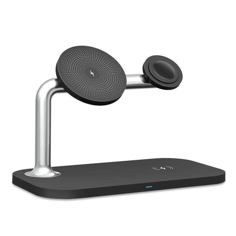 Dual 15W fast charging three-in-one magnetic wireless charger headset vertical 3-in -1 charging stand mobile phone holder