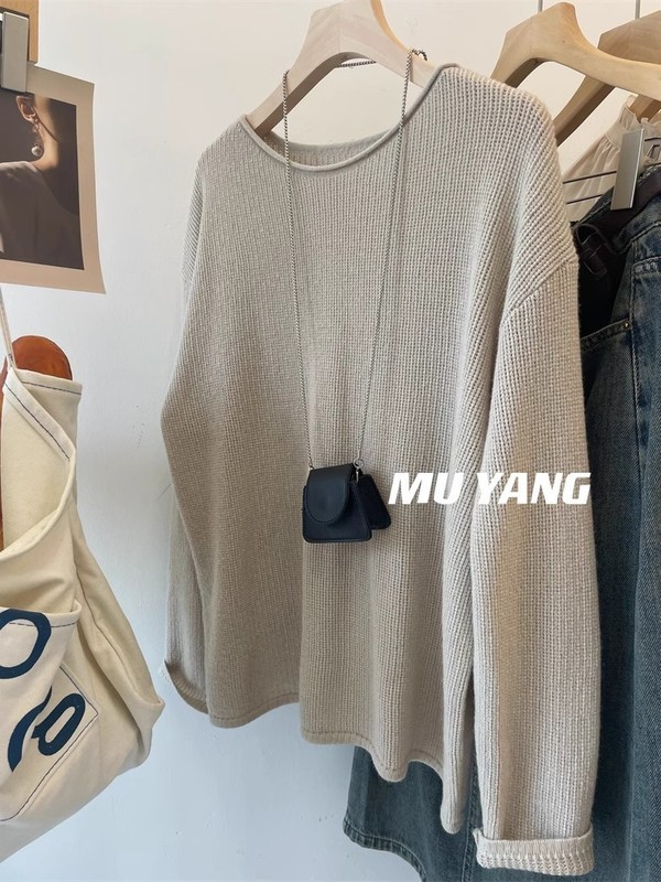 怀旧色调！卷边针织长袖羊毛慵懒毛衣女 净色宽松套头上衣|undefined