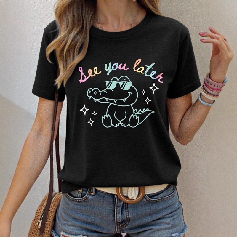 European and American Cross-Border Spring and Summer Hot-Selling Round-Neck Short-Sleeved Cute Crocodile Pattern Printed Casual Versatile T-Shirt for Women