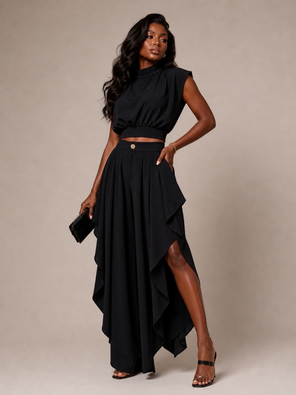 French Style Women's Niche Sleeveless Two Piece Set High Neck Cropped Top Irregular Ruffles Wide Leg Pants_ecoleips.com