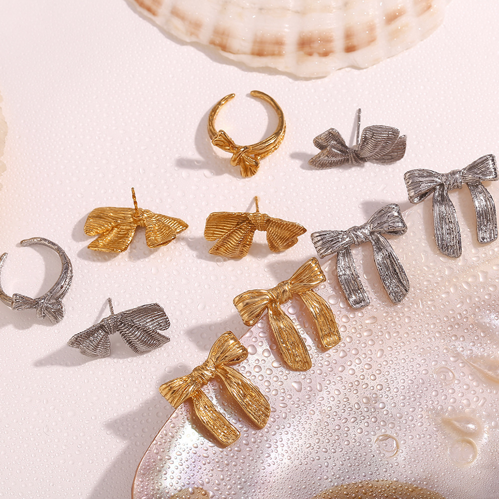 Bow Ribbon Stainless Steel Earrings And Ring