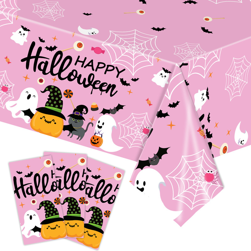 ピンクのハロウィーンパーティーのテーブルクロスはカボチャの蜘蛛の巣の装飾の子供の使い捨てのpeのプラスチックのテーブルクロスの用品をいじります。|undefined