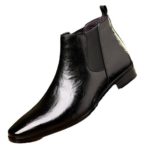 British pointed toe short boots with soft leather, breathable lychee pattern, high-top men's Korean version casual one-piece Chelsea boots