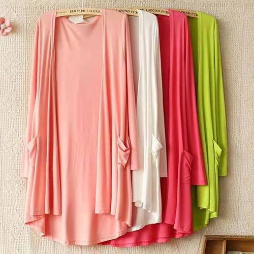 Modal Sunscreen Open Cardigan Women's Summer Thin Long Sleeve Shawl Jacket Medium Long Length Slimming Outerwear Casual Jacket