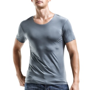 Summer Ice Silk Seamless Men's Short-sleeved White T-shirt Round Neck Half-sleeve Upper Clothes Thin Base Shirt Slim-fit Underwear