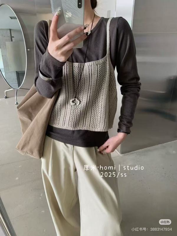 日韩系复古软糯混羊绒针织衫女秋百搭叠穿吊带背心打底两件套上衣|undefined