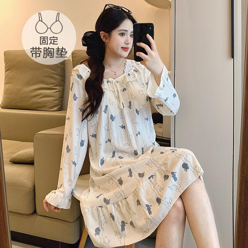 带胸垫睡衣女春秋季新款韩版甜美ins风棉质长袖睡裙家居服可爱穿|undefined