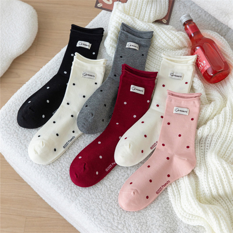 Caramella & Snoopy Collaboration Women's Socks, Rolled Edge Double Loop Mid-Calf Socks, Japanese Style Small Dot Long Cotton Socks