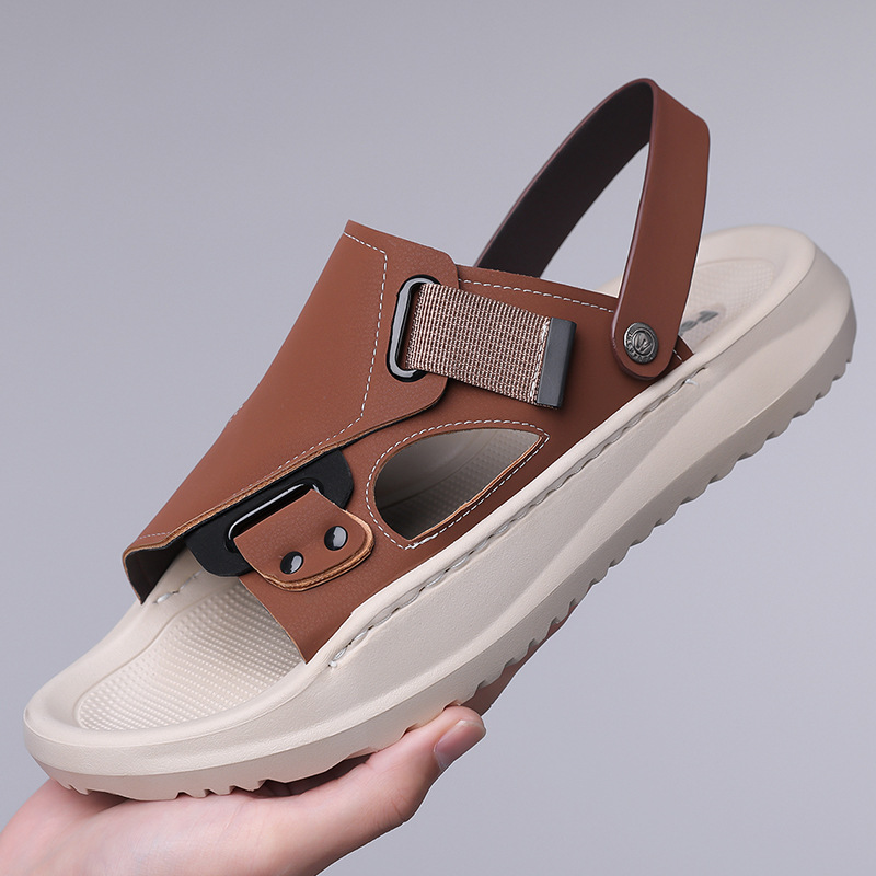 2025 New Summer Casual Soft-Soled Sandals Men's Beach Shoes Men's Leather Sandals Men's Drag-On Dual-Purpose Slippers 20253